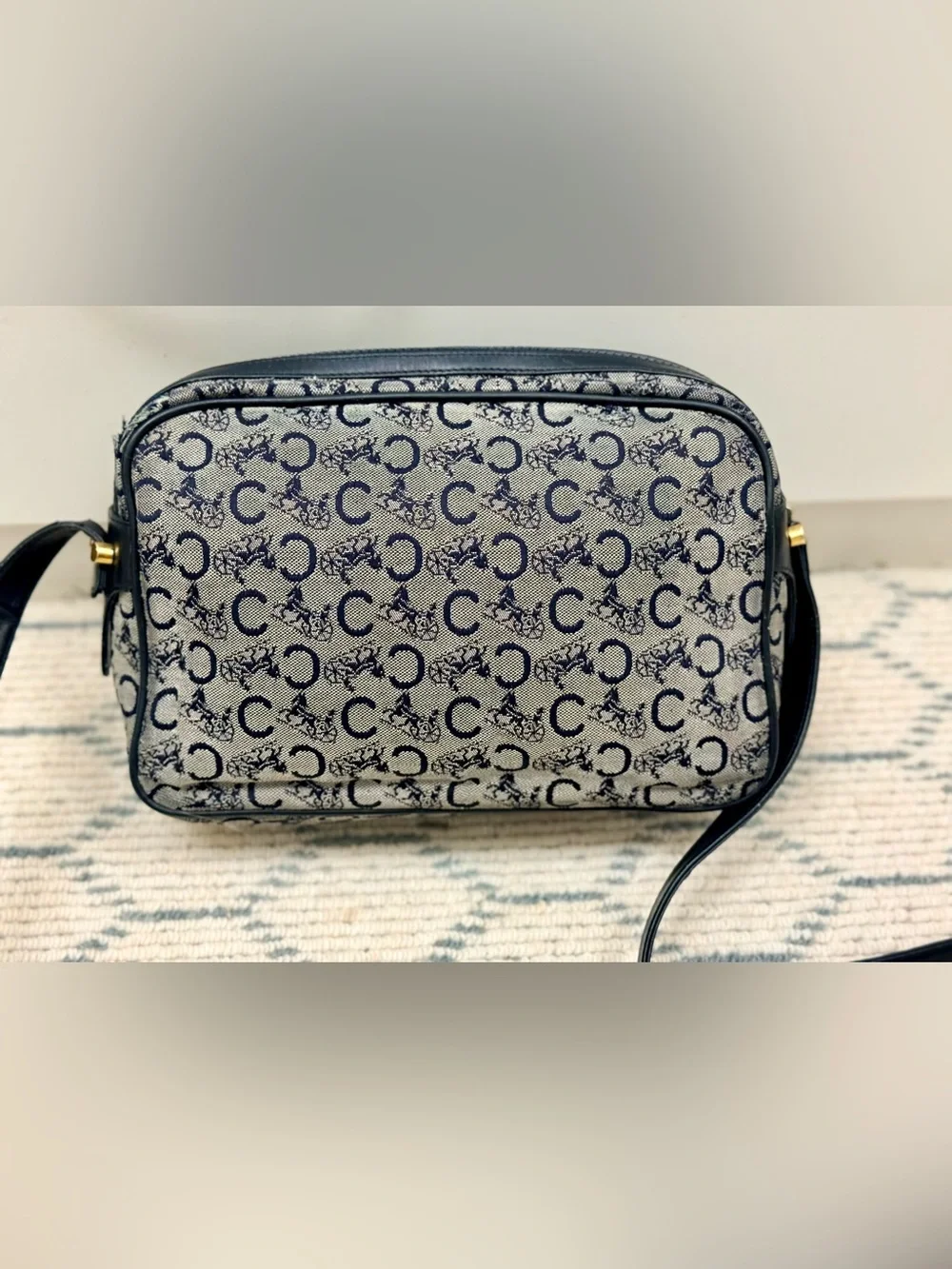 CELINE Vintage 80’s Navy C Sulky Canvas Monogram Carriage Adjust. Crossbody